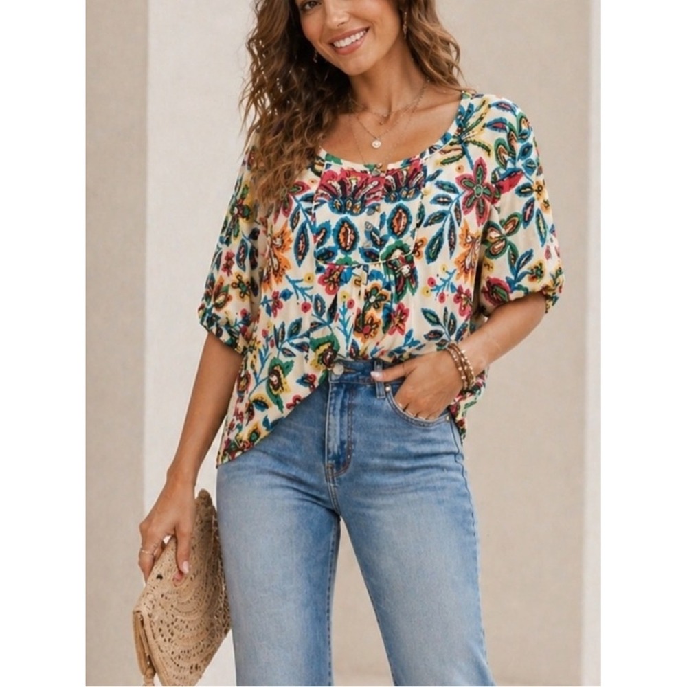REVOLVE Silk Blend Peasant Top NEW Puff Sleeve M Floral Vacation Festival Boho